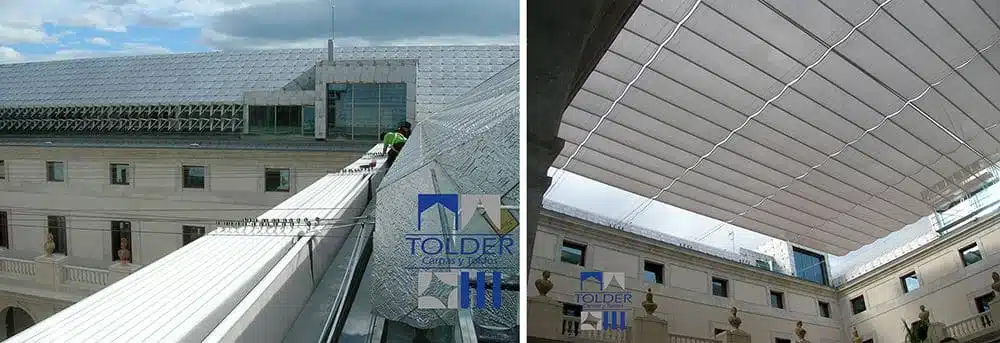 TOLDO PLANO 8 Palacio de La Aduana, Málaga. Cinco toldos planos plegables motorizados de 5 m. x 30 m.