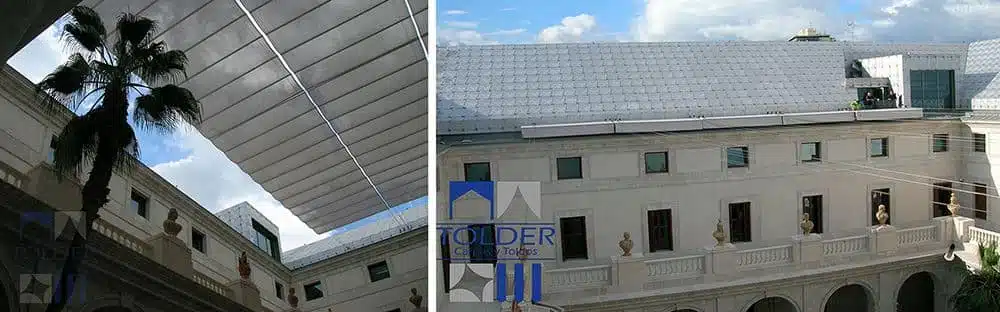 TOLDO PLANO 9 Palacio de La Aduana, Málaga. Cinco toldos planos plegables motorizados